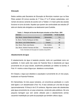 35



Educação


Dados cedidos pela Secretaria de Educação do Município mostram que na Área
Piloto existem 05 (cinco) escolas de 1º Grau (1ª à 4ª séries) cadastradas, com
número de alunos variando de acordo com a Tabela 3. A maior parte das escolas
funciona no turno da tarde. Aqueles que querem dar continuidade aos estudos (5ª
série em diante) são obrigados a se deslocarem para Custódia.


        Tabela 3 - Relação de Escolas Municipais situadas na Área Piloto - 2001
      ESCOLA                                          LOCALIDADE       Nº DE ALUNOS
      Esc. Munic. Joaquim Bezerra de Messias            Samambaia          110
      Sc. Munic. Pacífico Rodrigues de Melo               Salgado           19
      Esc. Munic. Luís Cristino Bezerra                   Caiçara           56
      Esc. Munic. Pedro José Soares                    Sto. Antônio         38
      Esc. Munic. Antônio Francisco de Góis          Fazenda Nova II        54
             Fonte: Secretaria de Educação de Custódia (março/2001)



Abastecimento de água


O abastecimento de água é bastante precário, tanto em quantidade como em
qualidade. A maior parte das casas de Fazenda Nova é abastecida por água
proveniente de um poço tubular, atualmente paralisado por defeito na bomba. A
Foto 14 mostra a caixa d’água que abastece a comunidade.


Em Caiçara, a água que abastece a população é proveniente de um dos poços,
localizado na Fazenda Porteiras.


Em Samambaia, há dois poços tubulares, um encontra-se paralisado e o outro
está ligado a um dessalinizador (Foto 15). A taxa cobrada por uma lata de água
(aproximadamente 18 litros) é de 0,10 centavos. Algumas casas são abastecidas
pela água proveniente de um poço amazonas, construído pela prefeitura. Há uma
pequena barragem que vem sendo utilizado para o abastecimento animal,
causando insatisfação por parte da população que também utiliza a água.
 