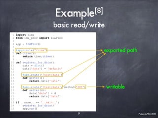 PyCon APAC 2015
Example[8]
basic read/write
1 import time
2 from ida_proc import IDAProc
3
4 app = IDAProc()
5
6 @app.route('/time')
7 def ctime():
8 return time.ctime()
9
10 def register_for_data():
11 data = dict()
12 data['data'] = 'default'
13
14 @app.route('/test/data')
15 def getter():
16 return data['data']
17
18 @app.route('/test/data', method='SET')
19 def setter(d):
20 data['data'] = d
21 return data['data']
22
23 if __name__ == '__main__':
24 register_for_data()
25 app.run()
9
exported path
writable
 