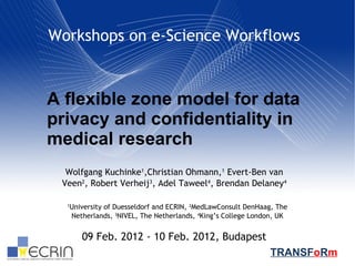 A flexible zone model for data
privacy and confidentiality in
medical research
Wolfgang Kuchinke1
,Christian Ohmann,1
Evert-Ben van
Veen2
, Robert Verheij3
, Adel Taweel4
, Brendan Delaney4
1
University of Duesseldorf and ECRIN, 2
MedLawConsult DenHaag, The
Netherlands, 3
NIVEL, The Netherlands, 4
King’s College London, UK
TRANSFoRm
09 Feb. 2012 - 10 Feb. 2012, Budapest
Workshops on e-Science Workflows
 