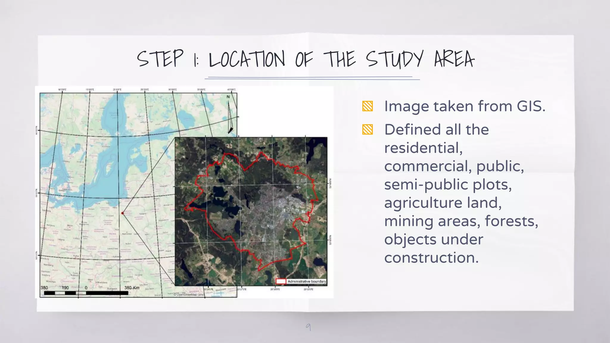 STEP 1: LOCATION OF THE STUDY AREA
9
▧ Image taken from GIS.
▧ Defined all the
residential,
commercial, public,
semi-public plots,
agriculture land,
mining areas, forests,
objects under
construction.
 