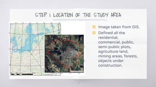 STEP 1: LOCATION OF THE STUDY AREA
9
▧ Image taken from GIS.
▧ Defined all the
residential,
commercial, public,
semi-public plots,
agriculture land,
mining areas, forests,
objects under
construction.
 