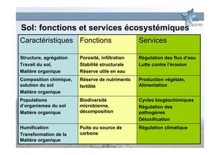 Sol: fonctions et services écosystémiques
Caractéristiques Fonctions                       Services

Structure, agrégation   Porosité, infiltration   Régulation des flux d’eau
Travail du sol,         Stabilité structurale    Lutte contre l’érosion
Matière organique       Réserve utile en eau
Composition chimique,   Réserve de nutriments    Production végétale,
solution du sol         fertilité                Alimentation
Matière organique
Populations             Biodiversité             Cycles biogéochimiques
d’organismes du sol     microbienne,             Régulation des
Matière organique       décomposition            pathogènes
                                                 Détoxification
Humification            Puits ou source de       Régulation climatique
Transformation de la    carbone
Matière organique
 
