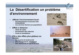 La Désertification un problème
d’environnement
• Affecte l’environnement local:
   – Fonctionnement et structure des
     écosystèmes
   – Les services fournis aux populations

• Effets à distance:
   – Vents de sable,
   – Envasement des retenues
   – Crues et inondations

• Elle a des effets plus globaux au
  niveau:
   – De la perte de biodiversité
   – Des changements climatiques
   – Des ressources en eau et en sols
 
