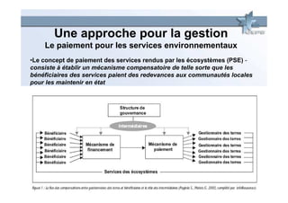 Une approche pour la gestion
    Le paiement pour les services environnementaux
•Le concept de paiement des services rendus par les écosystèmes (PSE) -
consiste à établir un mécanisme compensatoire de telle sorte que les
bénéficiaires des services paient des redevances aux communautés locales
pour les maintenir en état
 