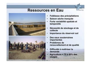 Ressources en Eau
         • Faiblesse des précipitations
         • Saison sèche marquée
         • Forte variabilité spatiale et
           temporelle
         • Nécessité de stockage et de
           collecte
         • Importance du réservoir sol
         • Des eaux souterraines
           importantes
         • Problèmes de
           renouvellement et de qualité
         • Difficulté à maîtriser la
           demande
         • Agriculture = 70 à 80% des
           usages
 