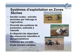 Systèmes d’exploitation en Zones
  Sèches
• Société rurales : activités
  dominées par l’élevage et
  l’agriculture,
• Diversité des systèmes de
  production, extensifs à
  intensifs
• En Majorité très dépendant
  des ressources naturelles et
  des précipitations
• Faiblesse des intrants
• Droits fonciers variables
 