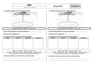 CM2
Géographie Evaluation 2
CHAP 2 et 3 : les climats
7. complète le dessin avec les mots ci-dessous.
Nappe souterraine – végétation – puits – dune
A quel climat appartient ce type de paysage ? …………………………
Comment cela s’appelle-t-il ? ………………………………
8. Remets les 10 mots à leur place dans le tableau :
polaire tropical équatorial désertique
Steppe – forêt dense – blizzard – savane – erg
– toundra – saison sèche – oued – saison des pluies – une seule saison
(Tu peux barrer les mots au fur et à mesure que tu les écris)
9. Nomme les climats que l’on rencontre en milieu tempéré :
…………………………………………………………………………………………………
……………………………………………………………………………………………
7. complète le dessin avec les mots ci-dessous.
Nappe souterraine – végétation – puits – dune
A quel climat appartient ce type de paysage ? …………………………
Comment cela s’appelle-t-il ? ………………………………
8. Remets les 10 mots à leur place dans le tableau :
polaire tropical équatorial désertique
Steppe – forêt dense – blizzard – savane – erg
– toundra – saison sèche – oued – saison des pluies – une seule saison
(Tu peux barrer les mots au fur et à mesure que tu les écris)
9. Nomme les climats que l’on rencontre en milieu tempéré :
…………………………………………………………………………………………………
……………………………………………………………………………………………
 