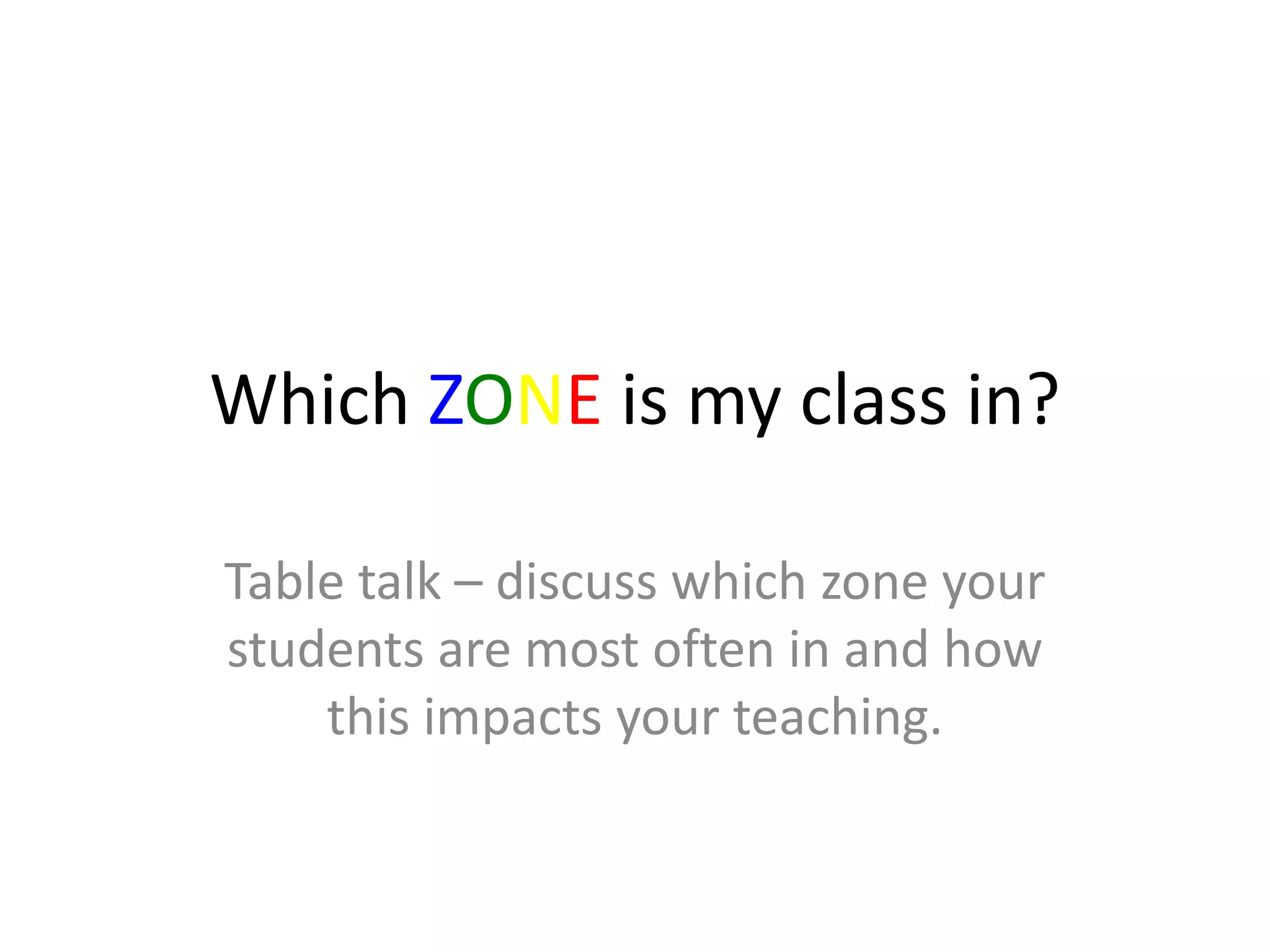 Which ZONE is my class in?
Table talk – discuss which zone your
students are most often in and how
this impacts your teaching.
 