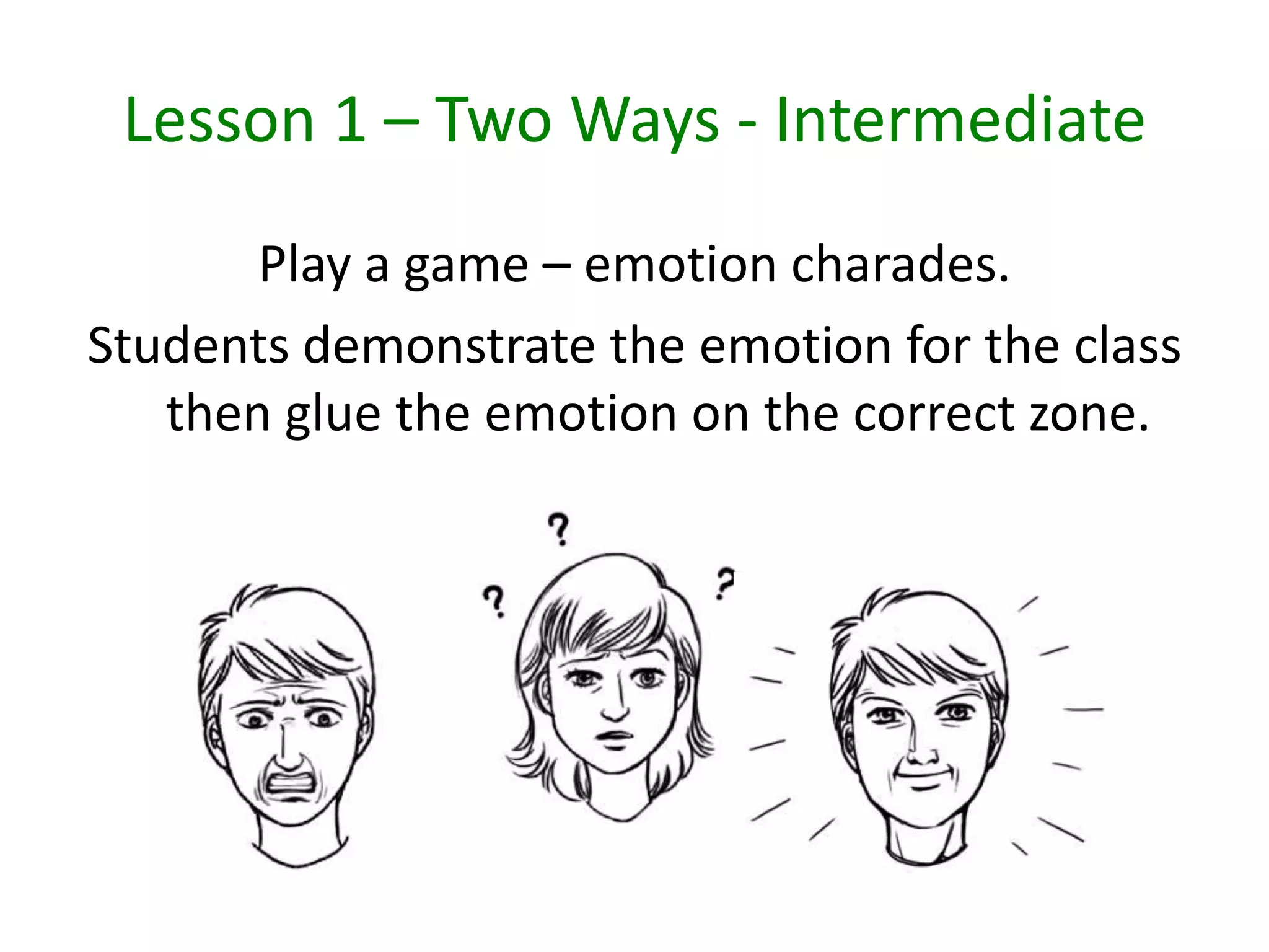 Lesson 1 – Two Ways - Intermediate
Play a game – emotion charades.
Students demonstrate the emotion for the class
then glue the emotion on the correct zone.
 