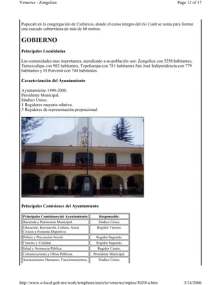 Popocalt en la congregación de Cutlaixco, donde el curso integro del río Coalt se suma para formar
una cascada subterránea de más de 60 metros.
GOBIERNO
Principales Localidades
Las comunidades mas importantes, atendiendo a su población son: Zongolica con 5258 habitantes,
Temaxcalapa con 982 habitantes, Tepetlampa con 781 habitantes San José Independencia con 779
habitantes y El Porvenir con 744 habitantes.
Caracterización del Ayuntamiento
Ayuntamiento 1998-2000.
Presidente Municipal.
Sindico Único.
1 Regidores mayoría relativa.
3 Regidores de representación proporcional.
Principales Comisiones del Ayuntamiento
Principales Comisiones del Ayuntamiento: Responsable:
Hacienda y Patrimonio Municipal. Síndico Único.
Educación, Recreación, Cultura, Actos
Cívicos y Fomento Deportivo.
Regidor Tercero.
Policía y Prevención Social. Regidor Segundo.
Transito y Vialidad. Regidor Segundo.
Salud y Asistencia Pública. Regidor Cuarto.
Comunicaciones y Obras Públicas. Presidente Municipal.
Asentamientos Humanos, Fraccionamientos, Síndico Único.
Page 12 of 17Veracruz - Zongolica
3/24/2006http://www.e-local.gob.mx/work/templates/enciclo/veracruz/mpios/30201a.htm
 
