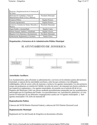 Organización y Estructura de la Administración Pública Municipal
Autoridades Auxiliares
Los Ayuntamientos, para eficientar su administración y servicios en los distintos puntos del territorio
municipal, se apoyan de las autoridades auxiliares, entre las que contamos a los delegados,
subdelegados, jefes de sector, jefes de manzana e inclusive los agentes municipales. Los dos primeros
cargos son propuestos en reunión de Cabildo, los jefes de sector y de manzana son electos conforme a
sus respectivos reglamentos; y los agentes municipales, de acuerdo con el artículo 60 de la Ley
Orgánica del Municipio Libre son electos mediante procedimientos preparados por los ayuntamientos,
sancionados por la Legislatura del Estado. Los procedimientos son: auscultación, plebiscito y el voto
secreto El municipio en sus diferentes congregaciones cuenta con 14 Agentes municipales y Sub-
agentes municipales 110, Jefes de manzana 64.
Regionalización Política
Cabecera del XVIII Distrito Electoral Federal y cabecera del XVI Distrito Electoral Local.
Reglamentación Municipal
Reglamento de Uso del Escudo de Zongolica en documentos oficiales.
licencias y Regularización de la Tenencia de
la Tierra.
Participación Ciudadana y Juntas de
Mejoramiento Moral, Cívico y Material.
Presidente Municipal.
Limpieza Pública. Regidor Primero.
Fomento Agropecuario. Regidor Primero.
Comercio, Centrales de Abasto, Mercados y
Rastros.
Presidente Municipal.
Agua Potable y Alcantarillado. Regidor Cuarto.
Ornato, Parques, Jardines y Alumbrado. Regidor Tercero.
Registro Civil, Panteones y Reclutamiento. Presidente Municipal.
Gobernación, Reglamentos y Circulares. Síndico Único.
Page 13 of 17Veracruz - Zongolica
3/24/2006http://www.e-local.gob.mx/work/templates/enciclo/veracruz/mpios/30201a.htm
 