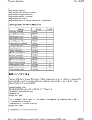 Reglamento de Policía.
Reglamento de los Servicios Públicos.
Reglamento de Seguridad Pública.
Reglamento de Bares y Cantinas.
Reglamento de Vialidad.
Reglamento de Uso de Suelo y Permisos de Construcción.
Cronología de los Presidentes Municipales
BIBLIOGRAFÍA
Acuerdo del Consejo General del Instituto Federal Electoral, por el que se establece la demarcación
territorial de los trescientos distritos electorales federales uninominales en que se divide el país.
Diario Oficial 12 de agosto de 1996.
Arias Hernández Rafael
INFORMACIÓN BÁSICA MUNICIPAL DE VERACRUZ
Cambio XXI, fundación Veracruz
Artes Gráficas
Xalapa, Ver., 1992.
CUESTIONARIO BASE PARA LA ENCICLOPEDIA “LOS MUNICIPIOS DE VERACRUZ”
H. Ayuntamiento de Zongolica.
Centro Estatal de Desarrollo Municipal
Xalapa, Ver., 1999
Centro Estatal de Estudios Municipales
Presidente Período Partido
José López Fernández 1954-1955
Abundio Zavaleta Tello 1956-1958
Eduardo Vargas Torres 1959-1959
Ignacio Muñóz García 1960-1961
Abundio Zavaleta Tello 1961-1964
Rafael Martínez De Guevara 1964-1967
Armando García Solís 1967-1970
Leonel García Solís 1970-1973
Joaquín Rincón Solís 1973-1976
Marcelo Cervantes Huerta 1976-1979
Jerónimo Vázquez Cid 1979-1982
Efrén Trujillo Olivares 1982-1985
Marcelo Cervantes Huerta 1985-1988
Eugenio Virgen Quintana 1988-1991 PRI
Erasmo Delgado Guerra 1992-1994 PRI
Ángel Contreras Pavias 1995-1997 PRI
Athos Hinojosa Amador 1998-2000 PRI
Page 14 of 17Veracruz - Zongolica
3/24/2006http://www.e-local.gob.mx/work/templates/enciclo/veracruz/mpios/30201a.htm
 
