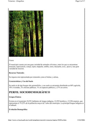 Fauna
El municipio cuenta con una gran variedad de animales silvestres, entre los que se encuentran:
temazate, tepescuincle, conejo, tejón, mapache, ardilla, zorro, tlacuache, aves, peces y una gran
variedad de insectos.
Recursos Naturales
Su riqueza esta representada por minerales como el lutitas y calizas.
Características y Uso del Suelo
Su suelo es de tipo bosque alto perennifolio, y sus suelo se encuentra distribuido en 60% agrícola,
10% viviendas, 2% oficinas públicas, 1% en espacios públicos, y 27% en cerros.
PERFIL SOCIODEMOGRÁFICO
Grupos Étnicos
Existen en el municipio 24,591 hablantes de lengua indígena, 12,295 hombres y 12,296 mujeres, que
representan el 79.22% de la población mayor de 5 años del municipio. La principal lengua indígena es
el náhuatl.
Evolución Demográfica
Page 6 of 17Veracruz - Zongolica
3/24/2006http://www.e-local.gob.mx/work/templates/enciclo/veracruz/mpios/30201a.htm
 