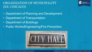 ORGANIZATION OF MUNICIPALITY
(EX: CHICAGO)
• Department of Planning and Development
• Department of Transportation
• Department of Buildings
• Public Works/Engineering/Fire Prevention
 