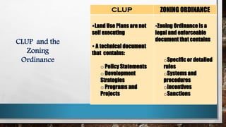 CLUP ZONING ORDINANCE
▪Land Use Plans are not
self executing
▪ A technical document
that contains:
o Policy Statements
o Development
Strategies
o Programs and
Projects
•Zoning Ordinance is a
legal and enforceable
document that contains
oSpecific or detailed
rules
oSystems and
procedures
oIncentives
oSanctions
CLUP and the
Zoning
Ordinance
 
