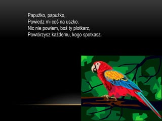 Papużko, papużko,
Powiedz mi coś na uszko.
Nic nie powiem, boś ty plotkarz,
Powtórzysz każdemu, kogo spotkasz.
 