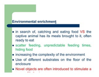 Environmental enrichment
 in search of, catching and eating food VS the
captive animal has its meals brought to it, often
ready to eat
 scatter feeding, unpredictable feeding times,
hiding food
 increasing the complexity of the environment
 Use of different substrates on the floor of the
enclosure
 Novel objects are often introduced to stimulate a
range of behaviors
 