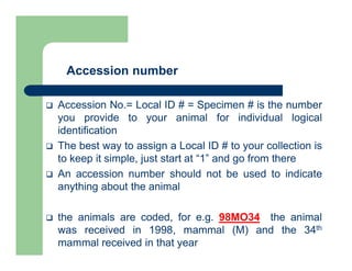 Accession number
 Accession No.= Local ID # = Specimen # is the number
you provide to your animal for individual logical
identification
 The best way to assign a Local ID # to your collection is
to keep it simple, just start at “1” and go from there
 An accession number should not be used to indicate
anything about the animal
 the animals are coded, for e.g. 98MO34 the animal
was received in 1998, mammal (M) and the 34th
mammal received in that year
 