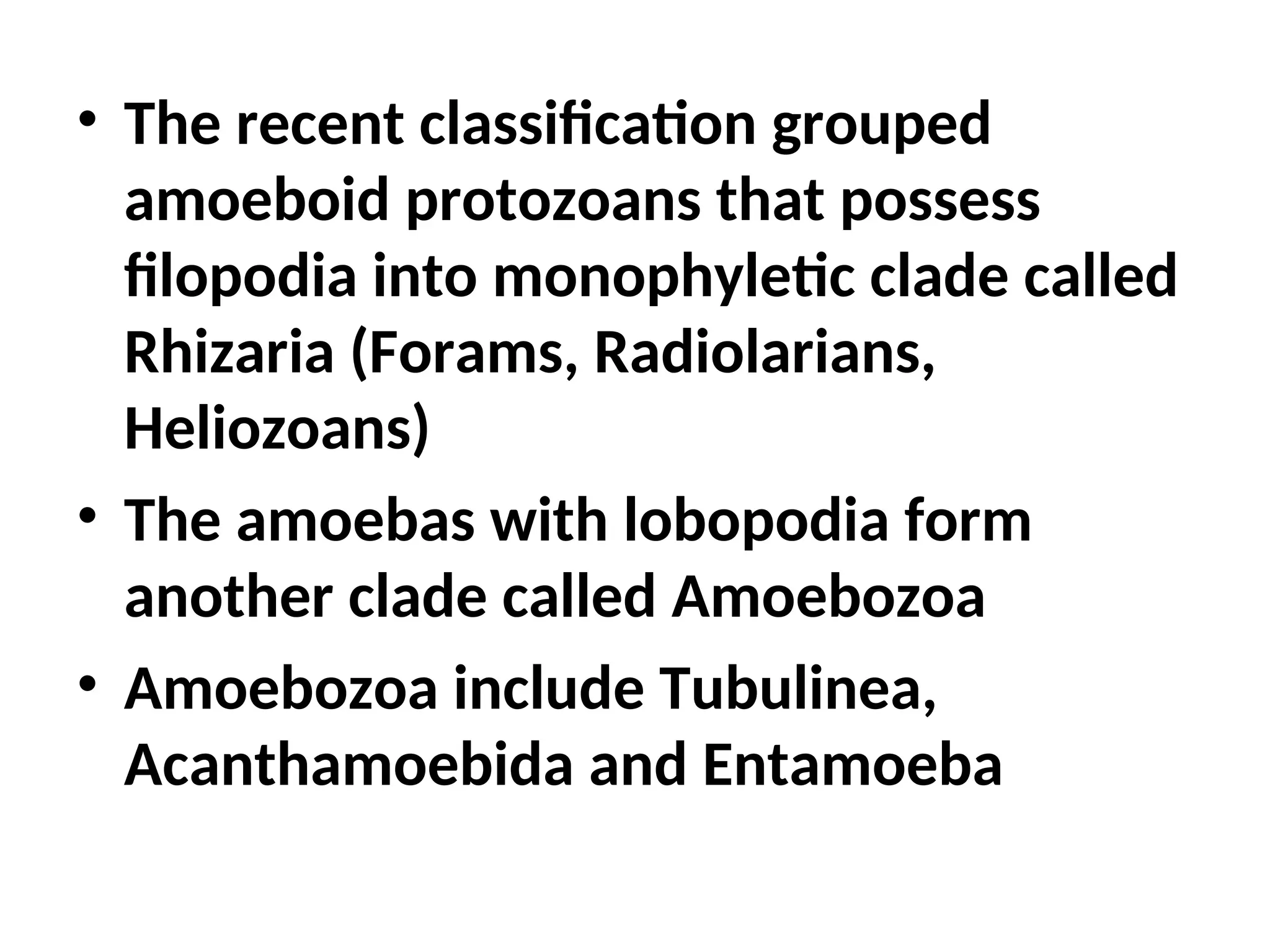 • The recent classification grouped
amoeboid protozoans that possess
filopodia into monophyletic clade called
Rhizaria (Forams, Radiolarians,
Heliozoans)
• The amoebas with lobopodia form
another clade called Amoebozoa
• Amoebozoa include Tubulinea,
Acanthamoebida and Entamoeba
 