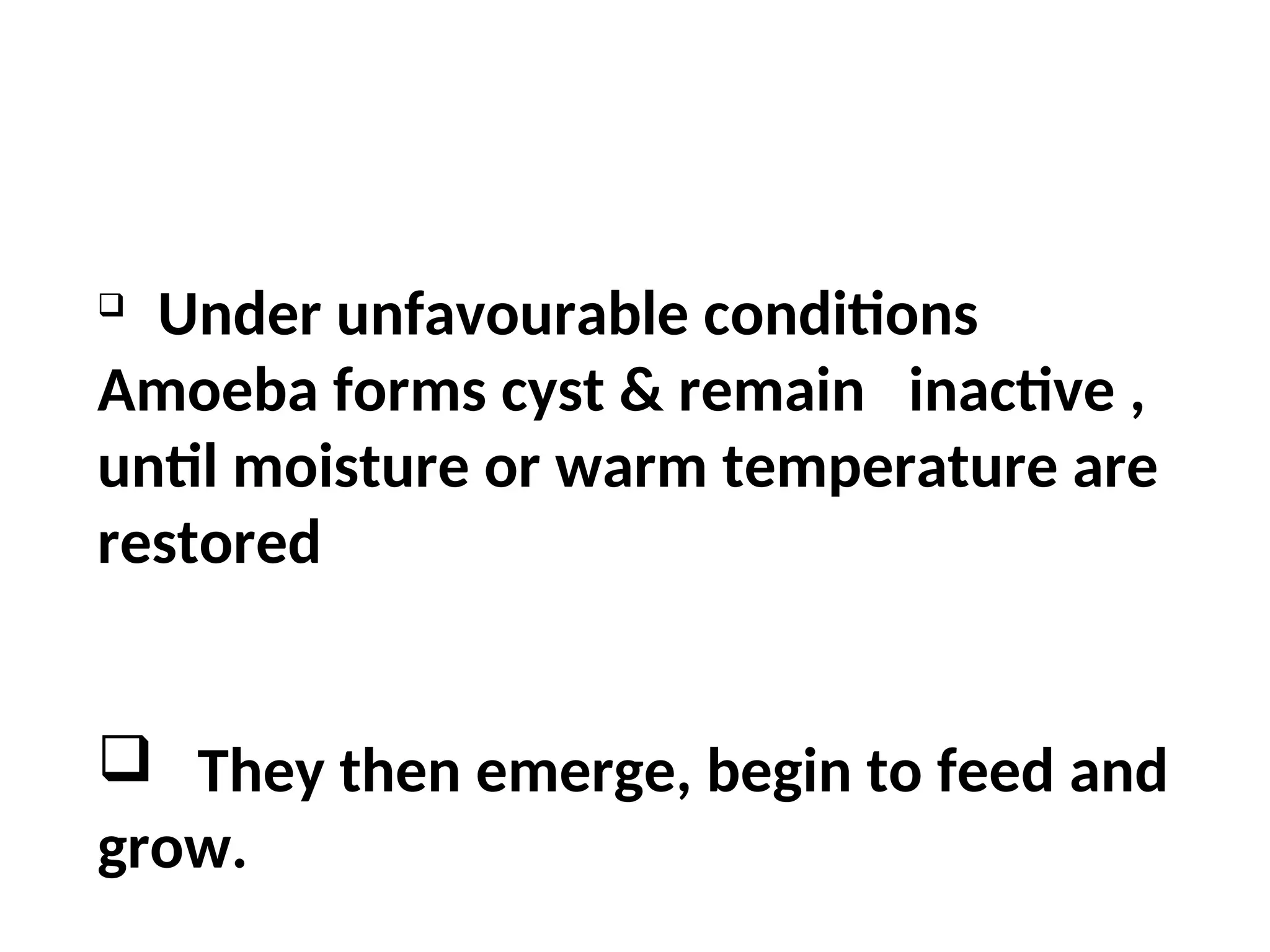 
Under unfavourable conditions
Amoeba forms cyst & remain inactive ,
until moisture or warm temperature are
restored
 They then emerge, begin to feed and
grow.
 