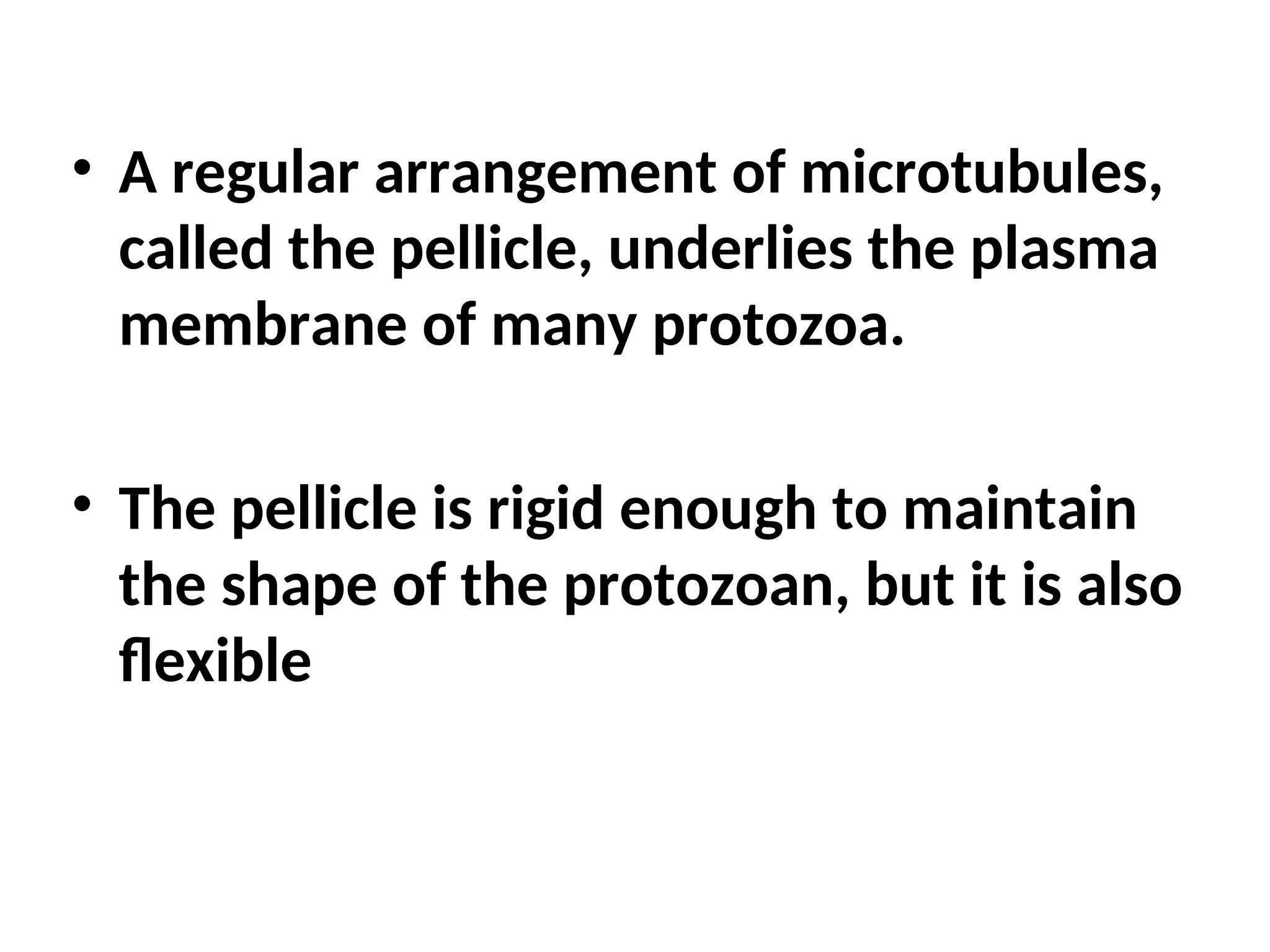 • A regular arrangement of microtubules,
called the pellicle, underlies the plasma
membrane of many protozoa.
• The pellicle is rigid enough to maintain
the shape of the protozoan, but it is also
flexible
 