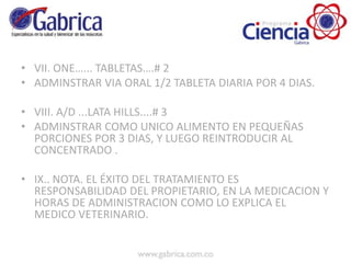 • VII. ONE…... TABLETAS….# 2
• ADMINSTRAR VIA ORAL 1/2 TABLETA DIARIA POR 4 DIAS.
• VIII. A/D ...LATA HILLS....# 3
• ADMINSTRAR COMO UNICO ALIMENTO EN PEQUEÑAS
PORCIONES POR 3 DIAS, Y LUEGO REINTRODUCIR AL
CONCENTRADO .
• IX.. NOTA. EL ÉXITO DEL TRATAMIENTO ES
RESPONSABILIDAD DEL PROPIETARIO, EN LA MEDICACION Y
HORAS DE ADMINISTRACION COMO LO EXPLICA EL
MEDICO VETERINARIO.
 