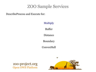 ZOO Sample Services
DescribeProcess and Execute for:


                              Multiply

                                   Buffer

                              Distance

                              Boundary

                             ConvexHull
 
