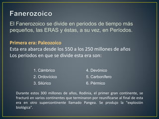 El Fanerozoico se divide en periodos de tiempo más
pequeños, las ERAS y éstas, a su vez, en Períodos.
Primera era: Paleozoico
Esta era abarca desde los 550 a los 250 millones de años
Los períodos en que se divide esta era son:
Durante estos 300 millones de años, Rodinia, el primer gran continente, se
fracturó en varios continentes que terminaron por reunificarse al final de esta
era en otro supercontinente llamado Pangea. Se produjo la "explosión
biológica".
1. Cámbrico 4. Devónico
2. Ordovícico 5. Carbonífero
3. Silúrico 6. Pérmico
 
