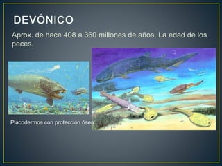 Aprox. de hace 408 a 360 millones de años. La edad de los
peces.
Placodermos con protección ósea
 