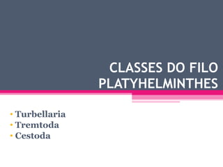 CLASSES DO FILO PLATYHELMINTHES Turbellaria Tremtoda Cestoda 