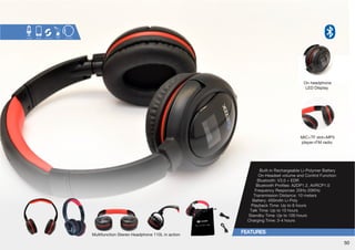 Multifunction Stereo Headphone 110L in action 
On headphone 
3,++0ZWSH` 
MIC+TF slot+MP3 
player+FM radio 
Built-in Rechargeable Li-Polymer Battery 
On-Headset volume and Control Function 
)SL[VV[O!=,+9  
)SL[VV[O7YVÄSLZ!(+7(=9*7  
-YLXLUJ`9LZWVUZL!/a2/a  
Transmission Distance: 10 meters 
Battery: 400mAh Li-Poly 
7SH`IHJR;PTL!W[VOVYZ   
;HSR;PTL!W[VOVYZ   
:[HUKI`;PTL!W[VOVYZ   
Charging Time: 3-4 hours 
50 
 