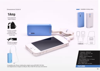 Power Vault 
This high capacity universal battery is small 
LUVNO [V Ä[ PU [OL WHST VM `VY OHUK`L[ 
WYV]PKLZT(OVMWV^LY^P[OH(:) 
V[W[ PKLHS MVY SVUN ÅPNO[Z HUK IZPULZZ 
trips.Works with multiple devices, including 
mobile phones, Bluetooth headsets, 
smartphones/PDAs, MP3 players, portable 
gaming devices, digital cameras, GPS 
devices and more 
Small is BIG. 2200mah of that much! 
71 
 