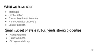 What we have seen
● Metadata
● Configuration
● Cluster health/maintenance
● Naming/service discovery
● Leader Election
10
Small subset of system, but needs strong properties
● High availability
● Fault tolerance
● Strong consistency
 
