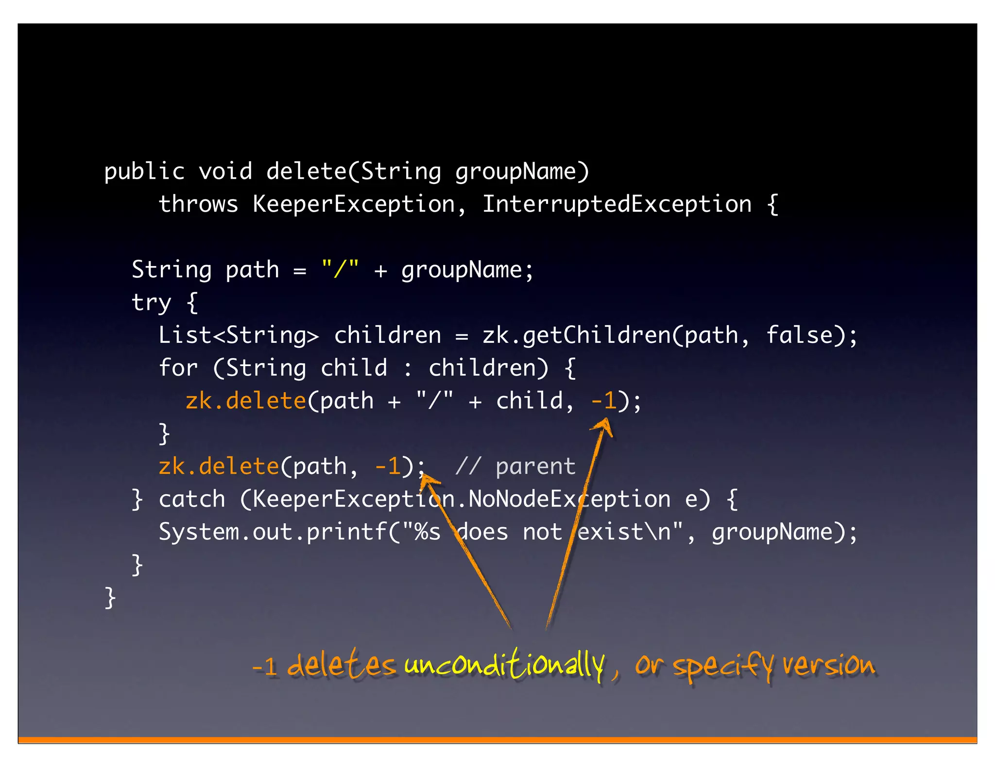 public void delete(String groupName)
    throws KeeperException, InterruptedException {

    String path = "/" + groupName;
    try {
      List<String> children = zk.getChildren(path, false);
      for (String child : children) {
        zk.delete(path + "/" + child, -1);
      }
      zk.delete(path, -1); // parent
    } catch (KeeperException.NoNodeException e) {
      System.out.printf("%s does not existn", groupName);
    }
}


            -1   deletes unconditionally , or specify version
 