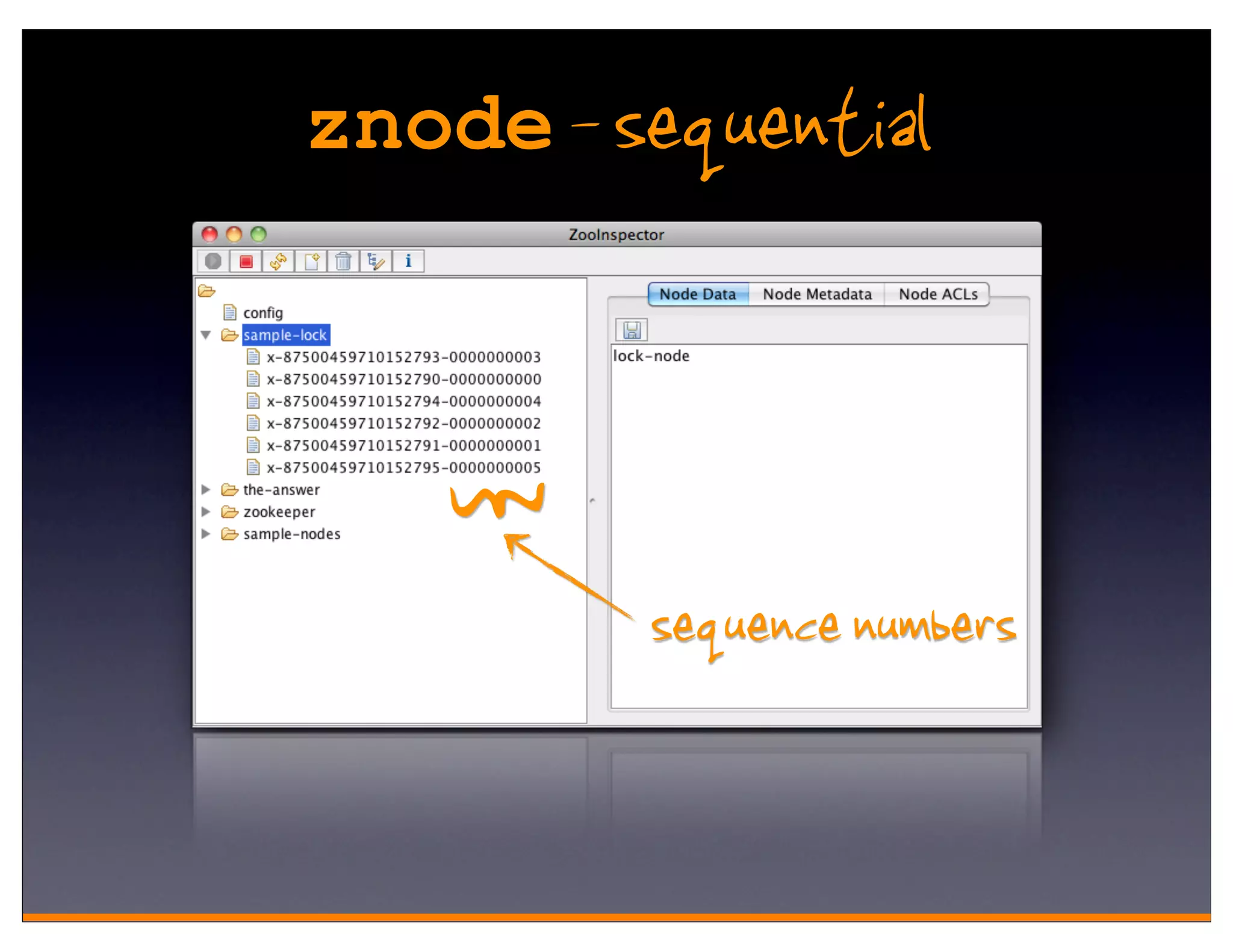 znode - sequential



  {
         sequence numbers
 