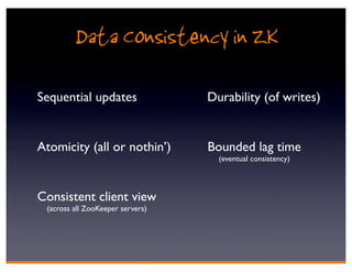 Data Consistency in ZK
Sequential updates                Durability (of writes)


Atomicity (all or nothin’)        Bounded lag time
                                    (eventual consistency)



Consistent client view
 (across all ZooKeeper servers)
 