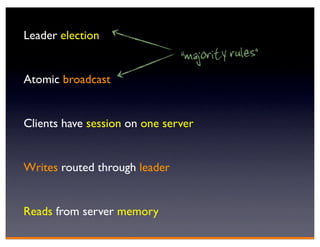 Leader election
                               “majority rules”
Atomic broadcast


Clients have session on one server


Writes routed through leader


Reads from server memory
 