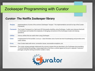 Zookeeper Programming with Curator
lCurator- The Netflix Zookeeper library
 