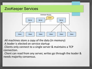 ZooKeeper Services
All machines store a copy of the data (in memory)
A leader is elected on service startup
Clients only c...