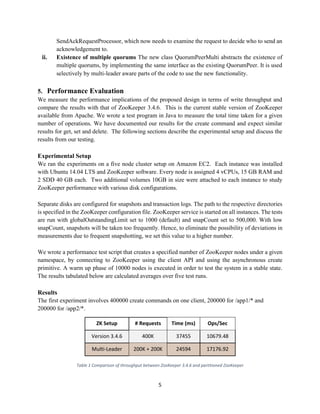 5
SendAckRequestProcessor, which now needs to examine the request to decide who to send an
acknowledgement to.
ii. Existence of multiple quorums The new class QuorumPeerMulti abstracts the existence of
multiple quorums, by implementing the same interface as the existing QuorumPeer. It is used
selectively by multi-leader aware parts of the code to use the new functionality.
5. Performance Evaluation
We measure the performance implications of the proposed design in terms of write throughput and
compare the results with that of ZooKeeper 3.4.6. This is the current stable version of ZooKeeper
available from Apache. We wrote a test program in Java to measure the total time taken for a given
number of operations. We have documented our results for the create command and expect similar
results for get, set and delete. The following sections describe the experimental setup and discuss the
results from our testing.
Experimental Setup
We ran the experiments on a five node cluster setup on Amazon EC2. Each instance was installed
with Ubuntu 14.04 LTS and ZooKeeper software. Every node is assigned 4 vCPUs, 15 GB RAM and
2 SDD 40 GB each. Two additional volumes 10GB in size were attached to each instance to study
ZooKeeper performance with various disk configurations.
Separate disks are configured for snapshots and transaction logs. The path to the respective directories
is specified in the ZooKeeper configuration file. ZooKeeper service is started on all instances. The tests
are run with globalOutstandingLimit set to 1000 (default) and snapCount set to 500,000. With low
snapCount, snapshots will be taken too frequently. Hence, to eliminate the possibility of deviations in
measurements due to frequent snapshotting, we set this value to a higher number.
We wrote a performance test script that creates a specified number of ZooKeeper nodes under a given
namespace, by connecting to ZooKeeper using the client API and using the asynchronous create
primitive. A warm up phase of 10000 nodes is executed in order to test the system in a stable state.
The results tabulated below are calculated averages over five test runs.
Results
The first experiment involves 400000 create commands on one client, 200000 for /app1/* and
200000 for /app2/*.
ZK Setup # Requests Time (ms) Ops/Sec
Version 3.4.6 400K 37455 10679.48
Multi-Leader 200K + 200K 24594 17176.92
Table 1 Comparison of throughput between ZooKeeper 3.4.6 and partitioned ZooKeeper
 