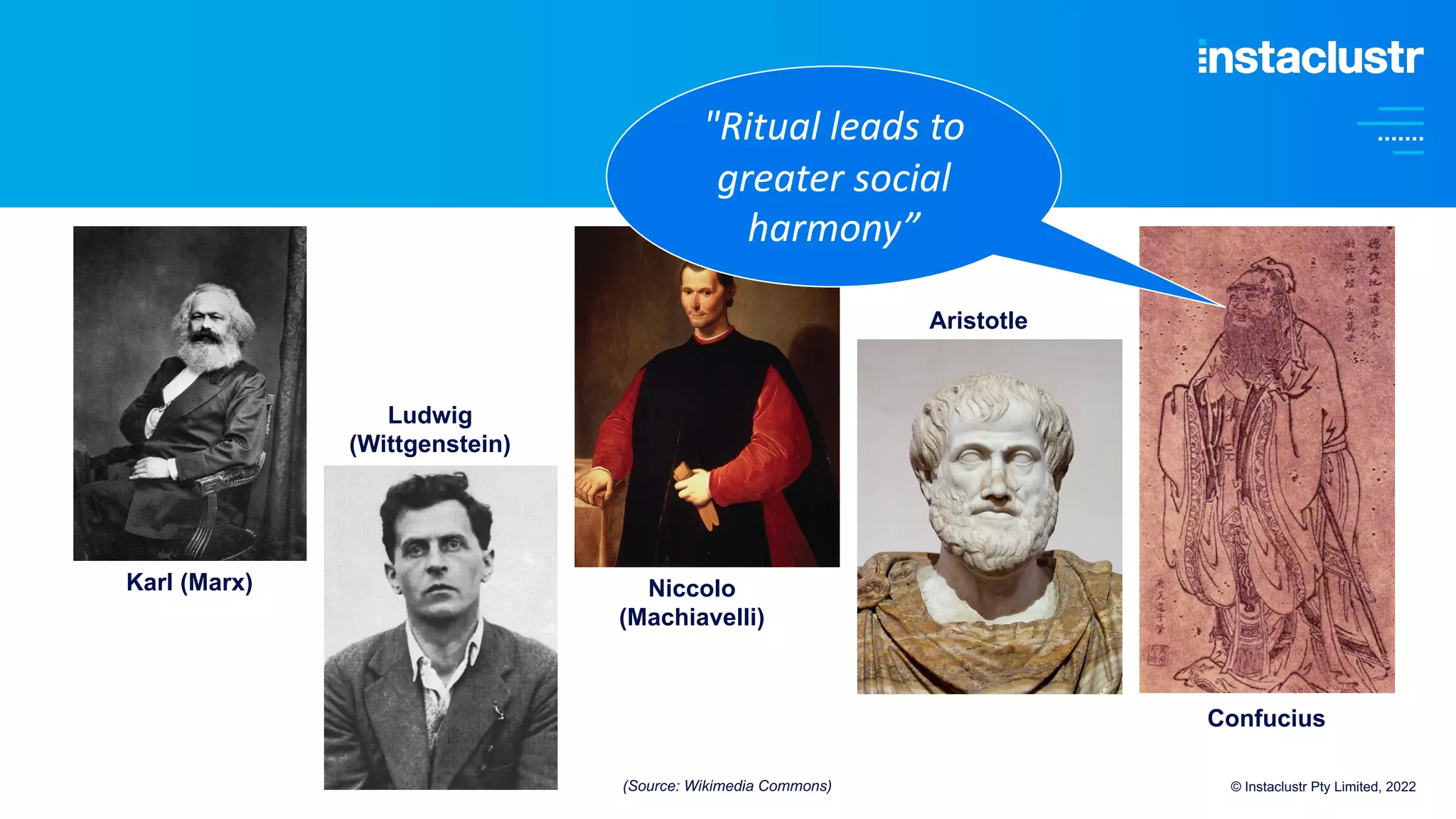 © Instaclustr Pty Limited, 2022
Karl (Marx)
Ludwig
(Wittgenstein)
Niccolo
(Machiavelli)
Aristotle
Confucius
"Ritual leads to
greater social
harmony”
(Source: Wikimedia Commons)
 