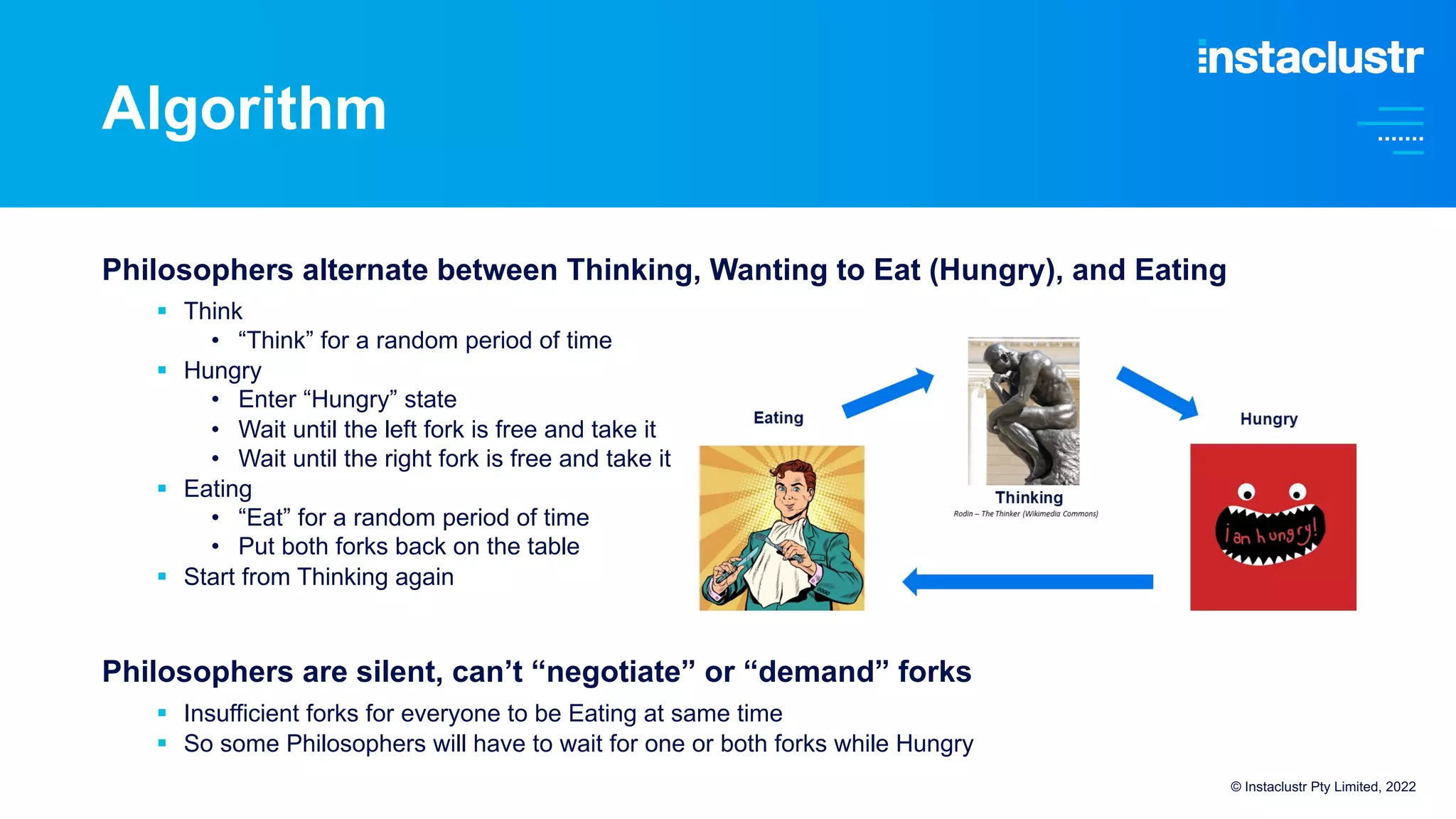 Algorithm
Philosophers alternate between Thinking, Wanting to Eat (Hungry), and Eating
§ Think
• “Think” for a random period of time
§ Hungry
• Enter “Hungry” state
• Wait until the left fork is free and take it
• Wait until the right fork is free and take it
§ Eating
• “Eat” for a random period of time
• Put both forks back on the table
§ Start from Thinking again
Philosophers are silent, can’t “negotiate” or “demand” forks
§ Insufficient forks for everyone to be Eating at same time
§ So some Philosophers will have to wait for one or both forks while Hungry
© Instaclustr Pty Limited, 2022
 