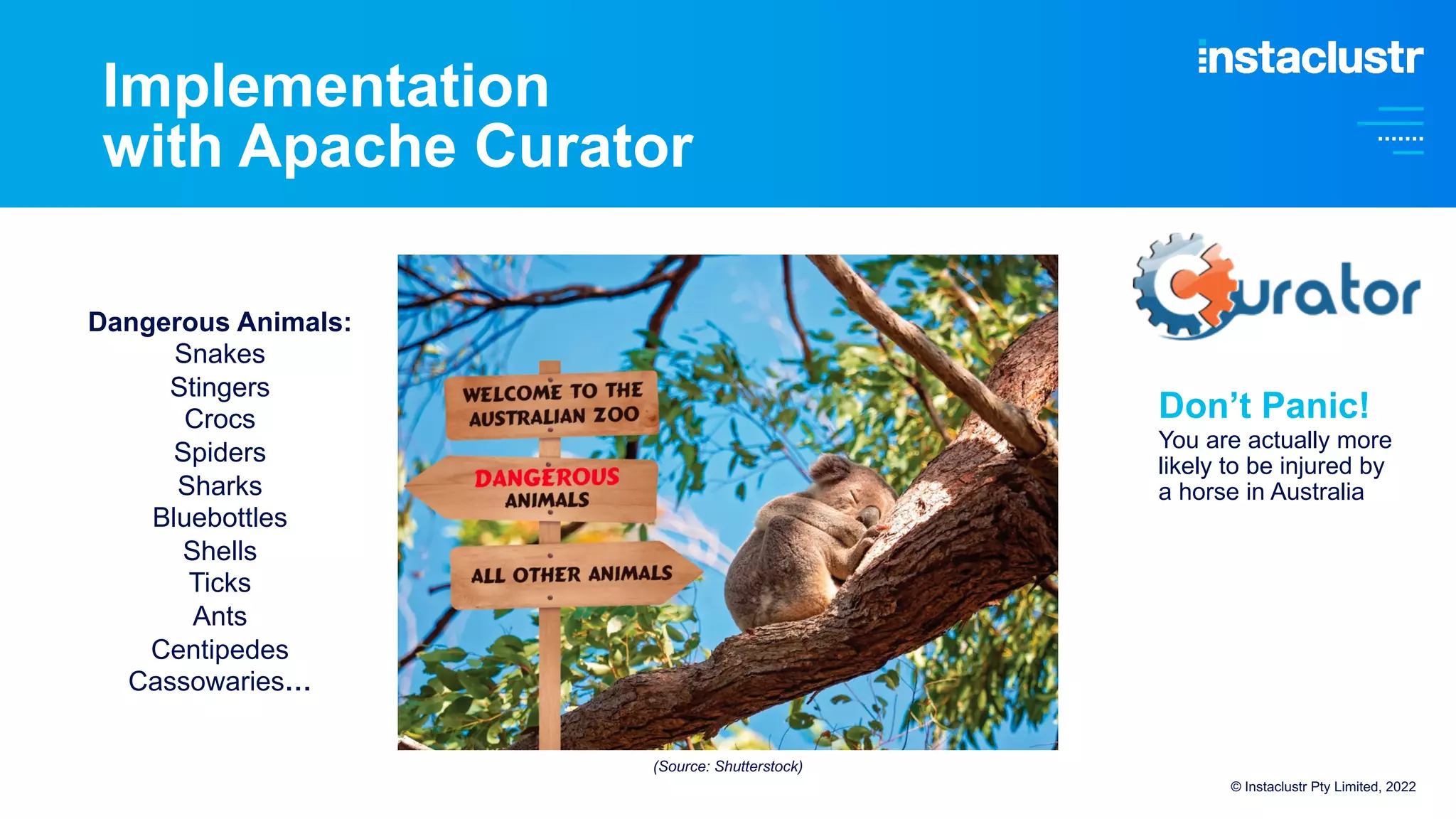 Implementation
with Apache Curator
Dangerous Animals:
Snakes
Stingers
Crocs
Spiders
Sharks
Bluebottles
Shells
Ticks
Ants
Centipedes
Cassowaries…
Don’t Panic!
You are actually more
likely to be injured by
a horse in Australia
© Instaclustr Pty Limited, 2022
(Source: Shutterstock)
 