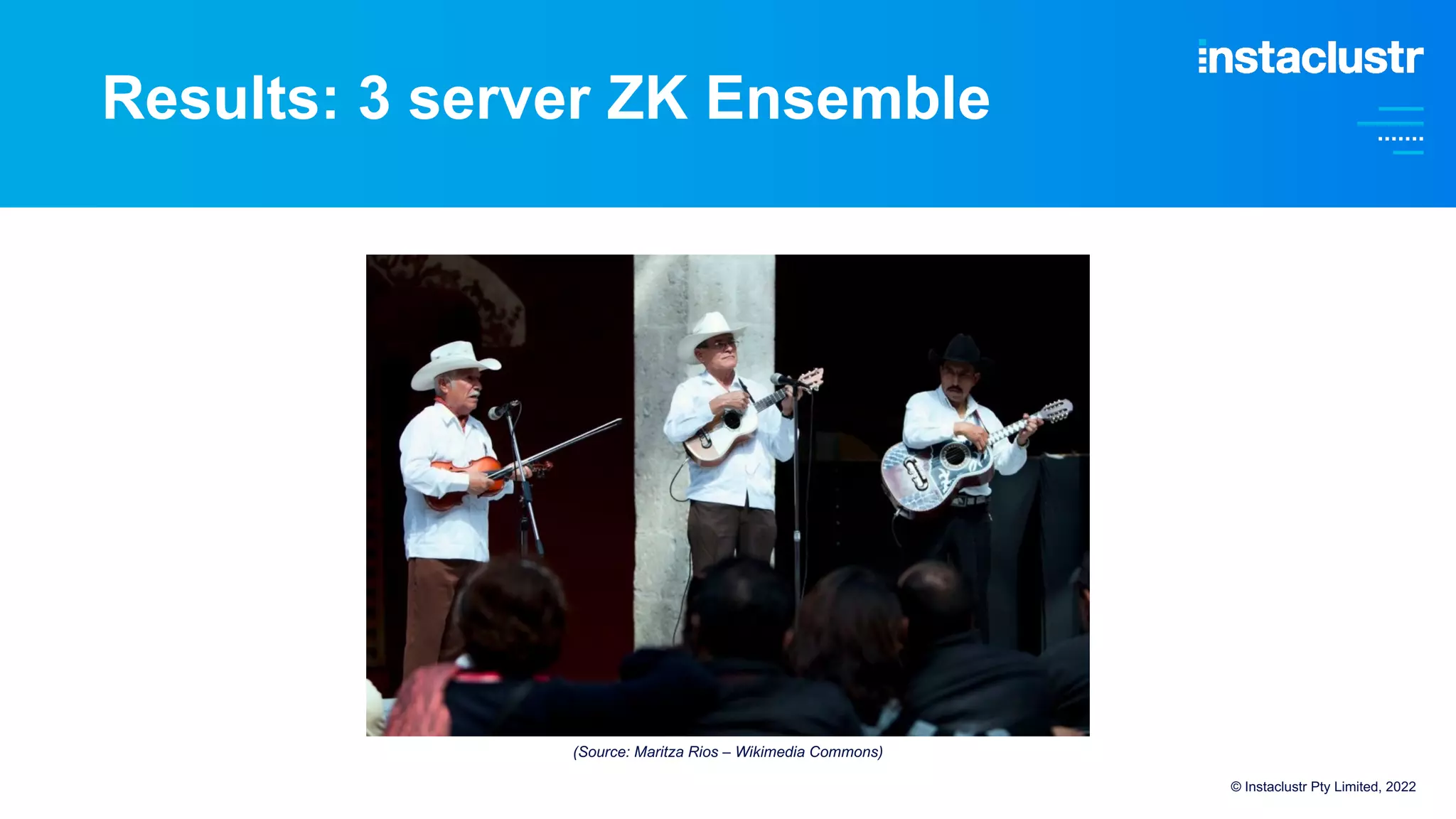Results: 3 server ZK Ensemble
© Instaclustr Pty Limited, 2022
(Source: Maritza Rios – Wikimedia Commons)
 