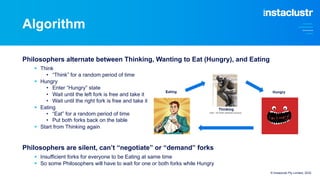 Algorithm
Philosophers alternate between Thinking, Wanting to Eat (Hungry), and Eating
§ Think
• “Think” for a random period of time
§ Hungry
• Enter “Hungry” state
• Wait until the left fork is free and take it
• Wait until the right fork is free and take it
§ Eating
• “Eat” for a random period of time
• Put both forks back on the table
§ Start from Thinking again
Philosophers are silent, can’t “negotiate” or “demand” forks
§ Insufficient forks for everyone to be Eating at same time
§ So some Philosophers will have to wait for one or both forks while Hungry
© Instaclustr Pty Limited, 2022
 