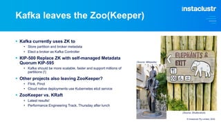 Kafka leaves the Zoo(Keeper)
§ Kafka currently uses ZK to
• Store partition and broker metadata
• Elect a broker as Kafka ...