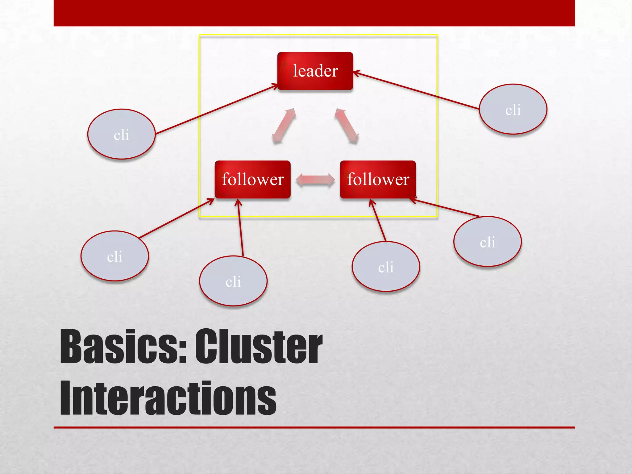 leader
cli
cli

follower

follower

cli
cli

cli
cli

Basics: Cluster
Interactions

 