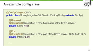 An example config class 
24 
@ConfigCategory("ftp”) 
public class SpringIntegrationSftpSessionFactoryConfig extends Config { 
@Required 
@ConfigField(description = "The host name of the SFTP server.”) 
private String host; 
@Port 
@ConfigField(description = "The port of the SFTP server. Defaults to 22.”) 
private Integer port; 
… 
 