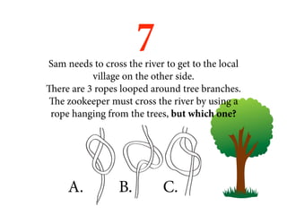 7
Sam needs to cross the river to get to the local
           village on the other side.
There are 3 ropes looped around tree branches.
 The zookeeper must cross the river by using a
 rope hanging from the trees, but which one?




     A.          B.         C.
 