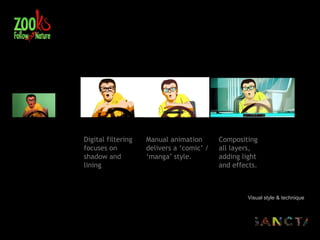 Digital filtering   Manual animation       Compositing
focuses on          delivers a ‘comic’ /   all layers,
shadow and          ‘manga’ style.         adding light
lining.                                    and effects.



                                                   Visual style & technique
 